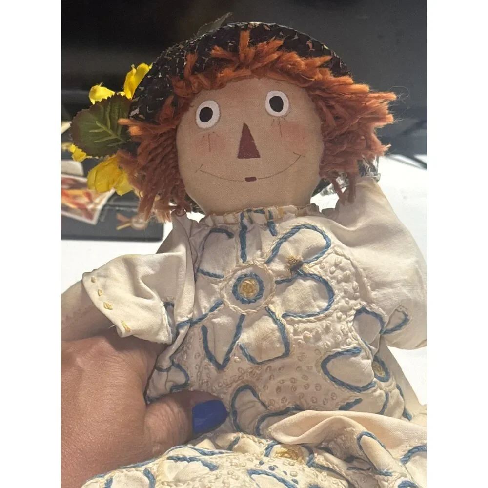 Vtg Judy Hutchins Primitive Prairie Rag Doll Signed Handmade Folk Art  Stand 14